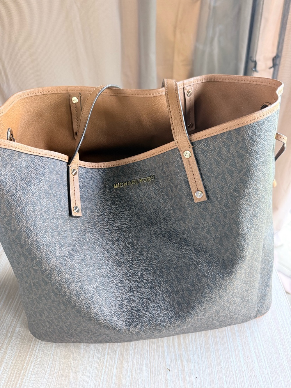 Michael Kors Monogram Reversible Tote in Brown and Tan